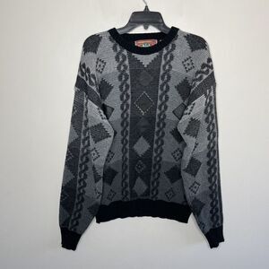 CHARTWELL Mens VTG Gray-Black Geometric Pullover Sweater XL Leather Patches